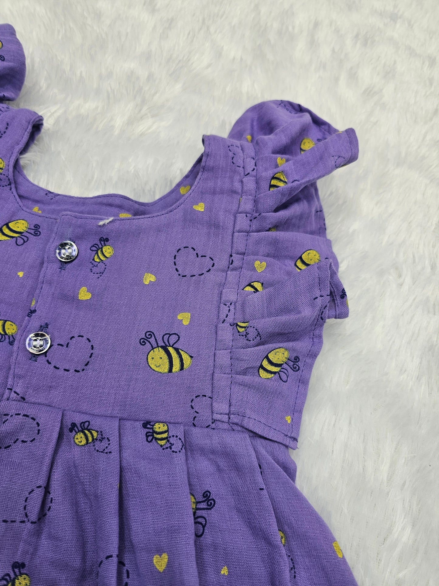 Purple muslin baby frock with bee print and butterfly sleeves front open design – Sri Thulir Tex