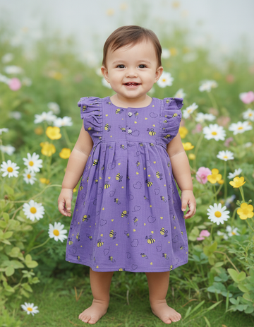 Purple muslin baby frock with bee print and butterfly sleeves front open design – Sri Thulir Tex