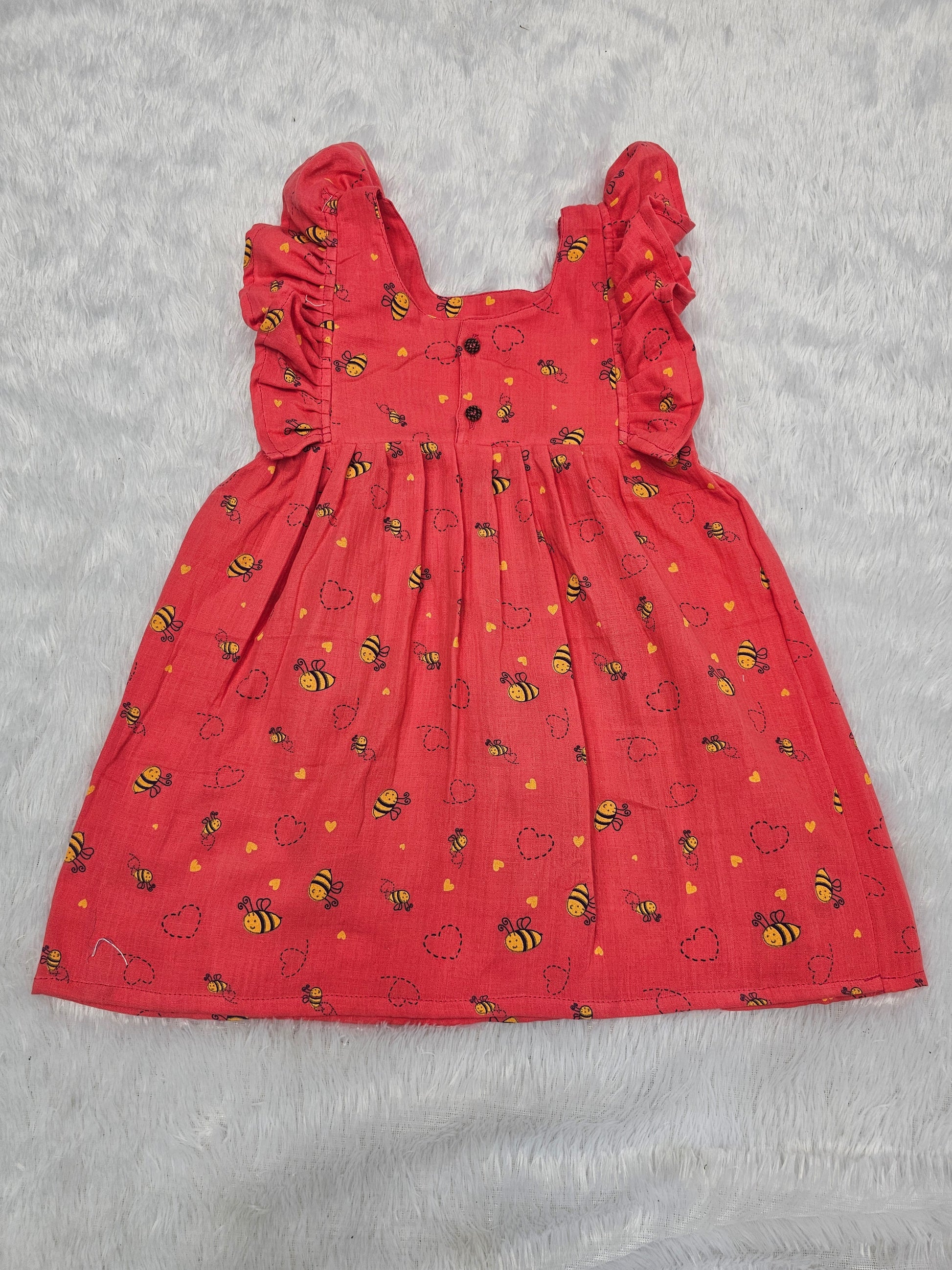 Red muslin baby jabla frock with bee print and butterfly sleeves front open design – Sri Thulir Tex