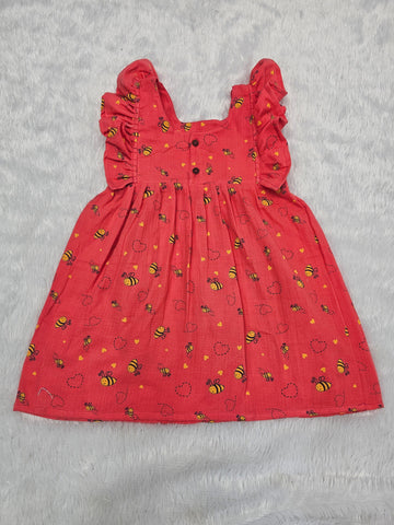 Red muslin baby jabla frock with bee print and butterfly sleeves front open design – Sri Thulir Tex