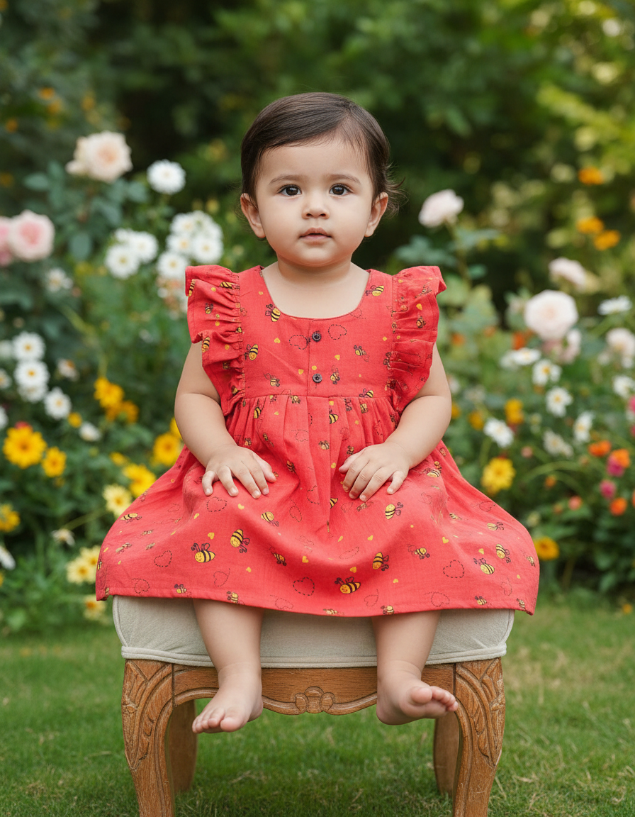 Red muslin baby jabla frock with bee print and butterfly sleeves front open design – Sri Thulir Tex