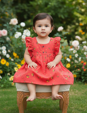 Red muslin baby jabla frock with bee print and butterfly sleeves front open design – Sri Thulir Tex