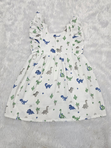 White muslin baby frock with cartoon dinosaur print and butterfly sleeves front open design – Sri Thulir Tex
