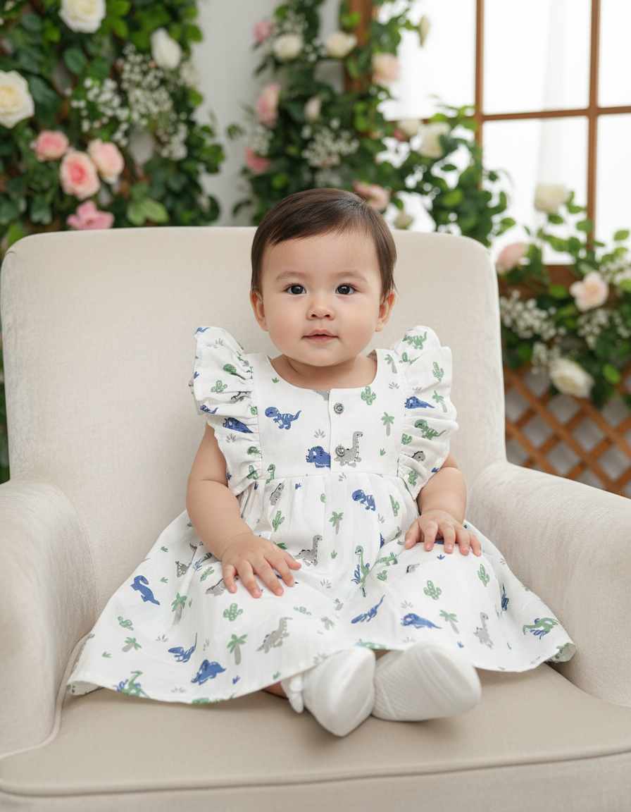 White muslin baby frock with cartoon dinosaur print and butterfly sleeves front open design – Sri Thulir Tex