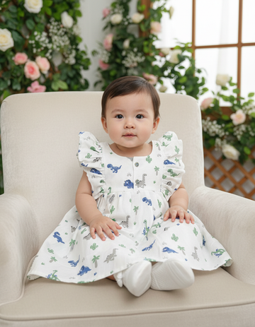 White muslin baby frock with cartoon dinosaur print and butterfly sleeves front open design – Sri Thulir Tex