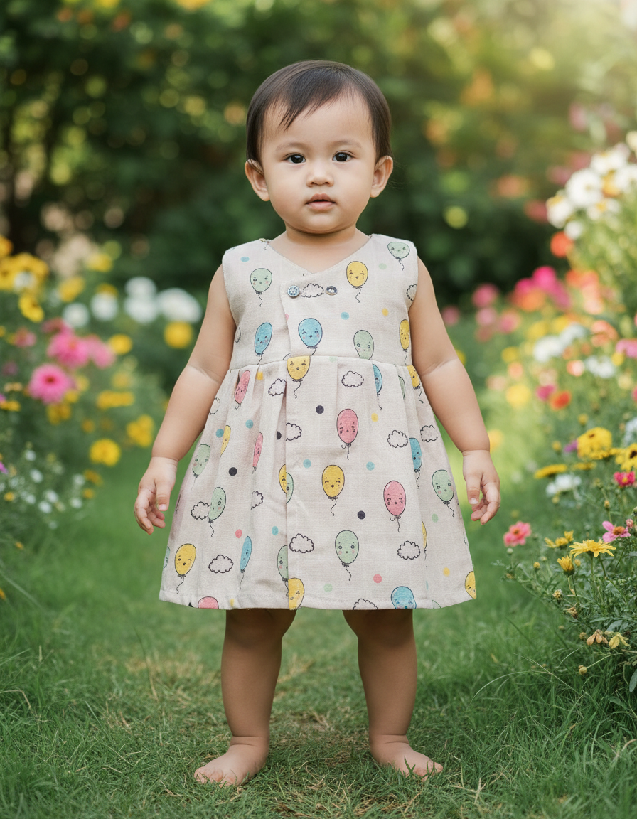 Cream muslin baby jabla frock with colorful balloon print and front open button design – Sri Thulir Tex
