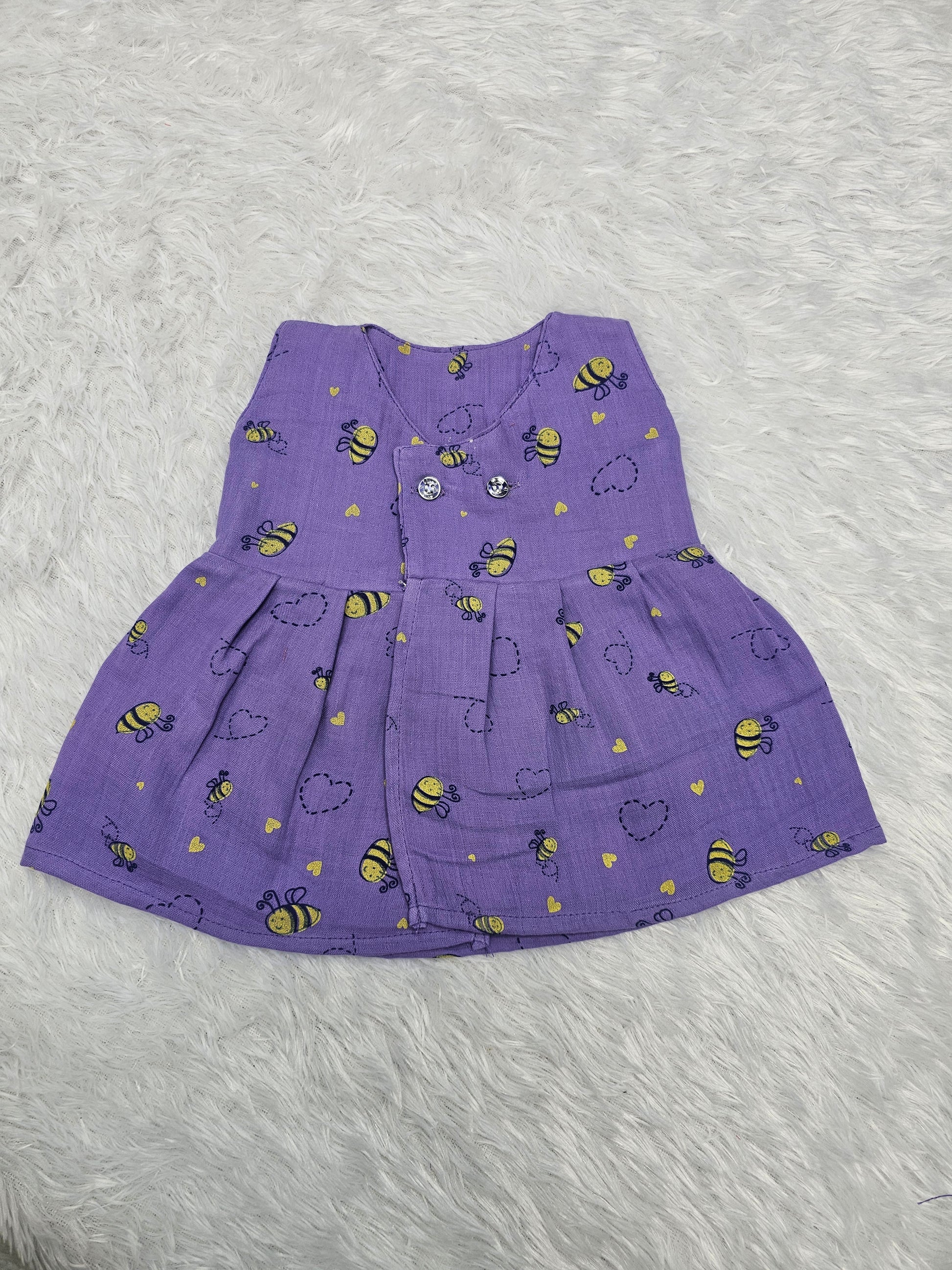 Purple muslin baby jabla frock with bee print and front open button design – Sri Thulir Tex