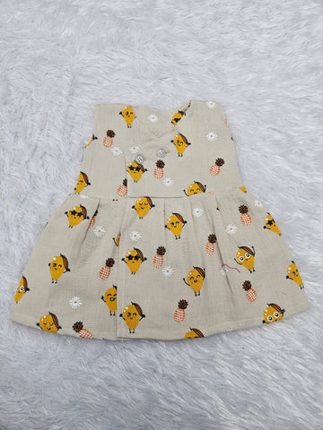 Cream muslin baby jabla frock with cute fruit and pineapple print, front open button style – Sri Thulir Tex
