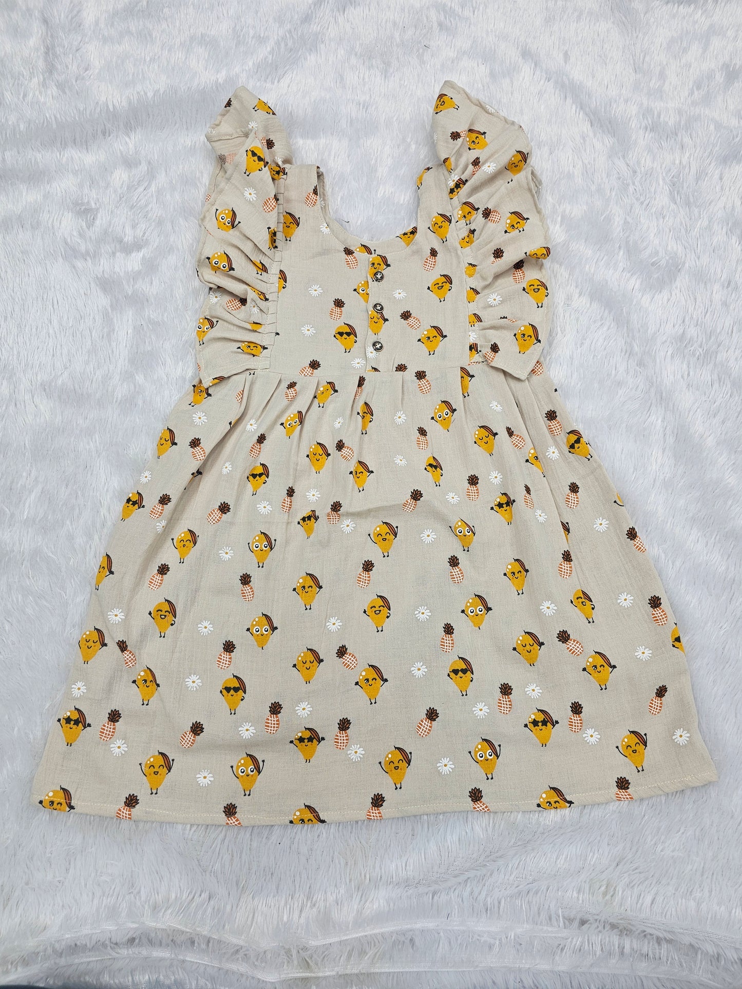 Cream muslin baby jabla frock with pineapple print and butterfly sleeves front open design – Sri Thulir Tex