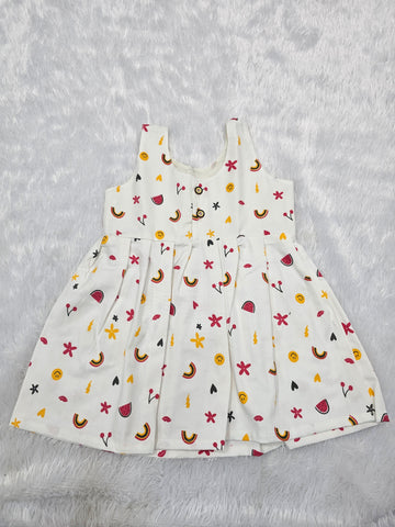 White muslin baby frock with watermelon, rainbow and flower prints front open design – Sri Thulir Tex
