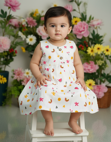 White muslin baby frock with watermelon, rainbow and flower prints front open design – Sri Thulir Tex