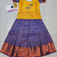 Mustard yellow and navy blue bridal silk pattu pavadai for kids with puff sleeves and peacock embroidery – Sri Thulir Tex South Indian traditional wear for girls
