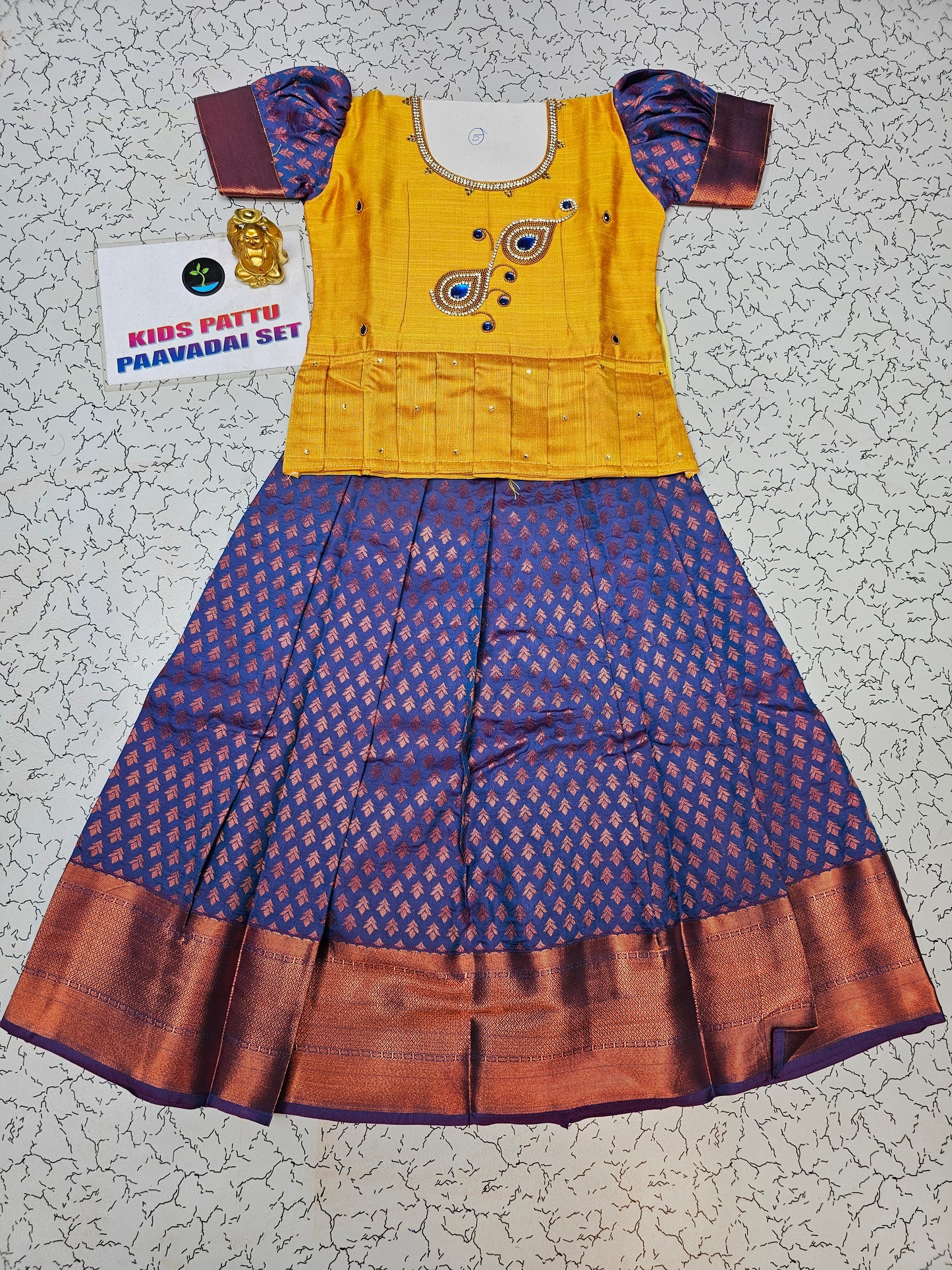 Mustard yellow and navy blue bridal silk pattu pavadai for kids with puff sleeves and peacock embroidery – Sri Thulir Tex South Indian traditional wear for girls