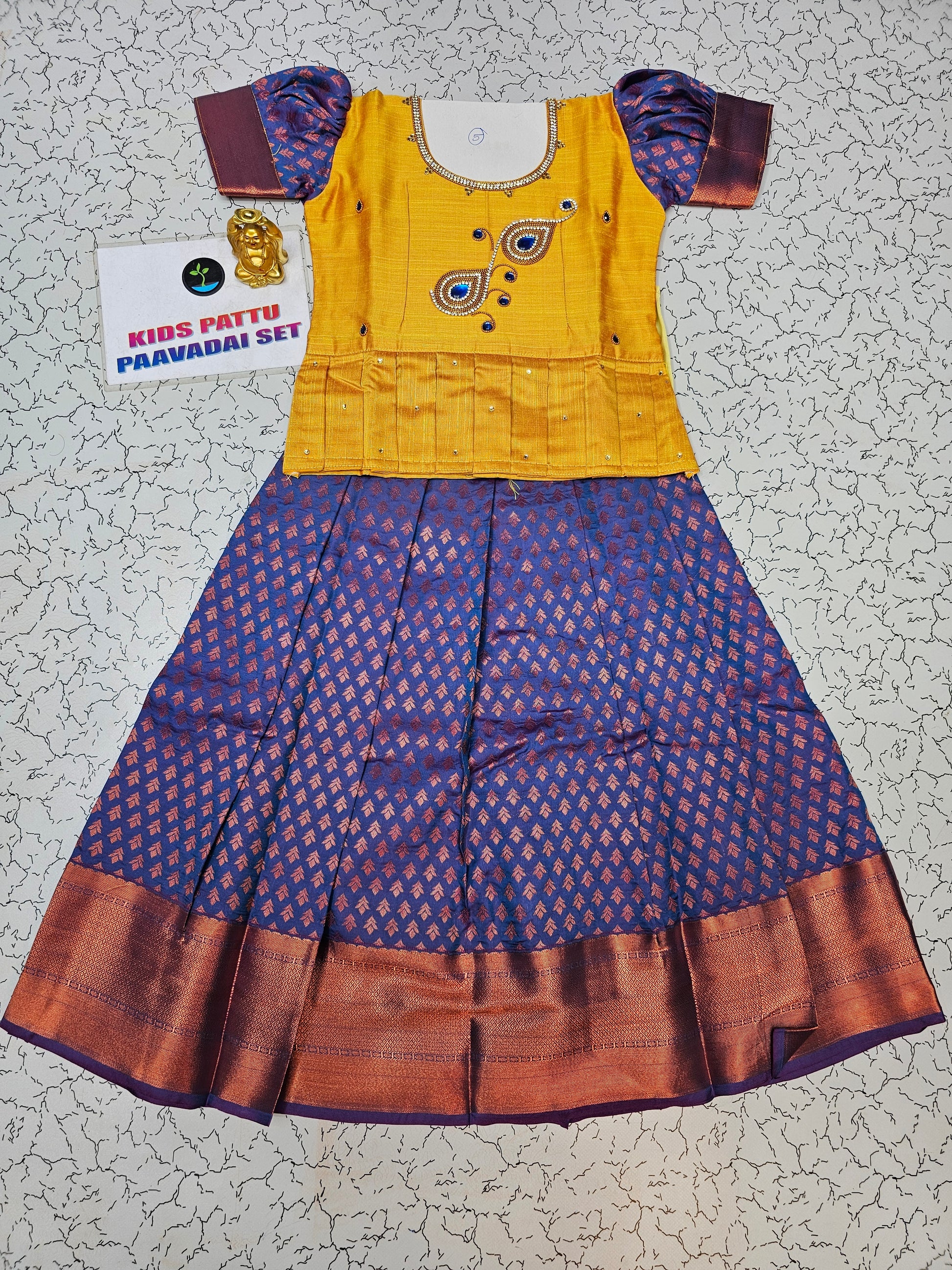 Mustard yellow and navy blue bridal silk pattu pavadai for kids with puff sleeves and peacock embroidery – Sri Thulir Tex South Indian traditional wear for girls