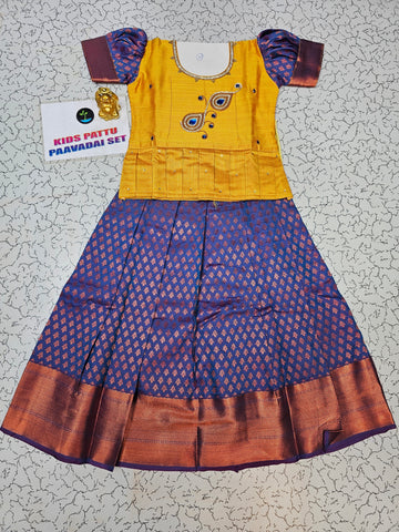 Mustard yellow and navy blue bridal silk pattu pavadai for kids with puff sleeves and peacock embroidery – Sri Thulir Tex South Indian traditional wear for girls
