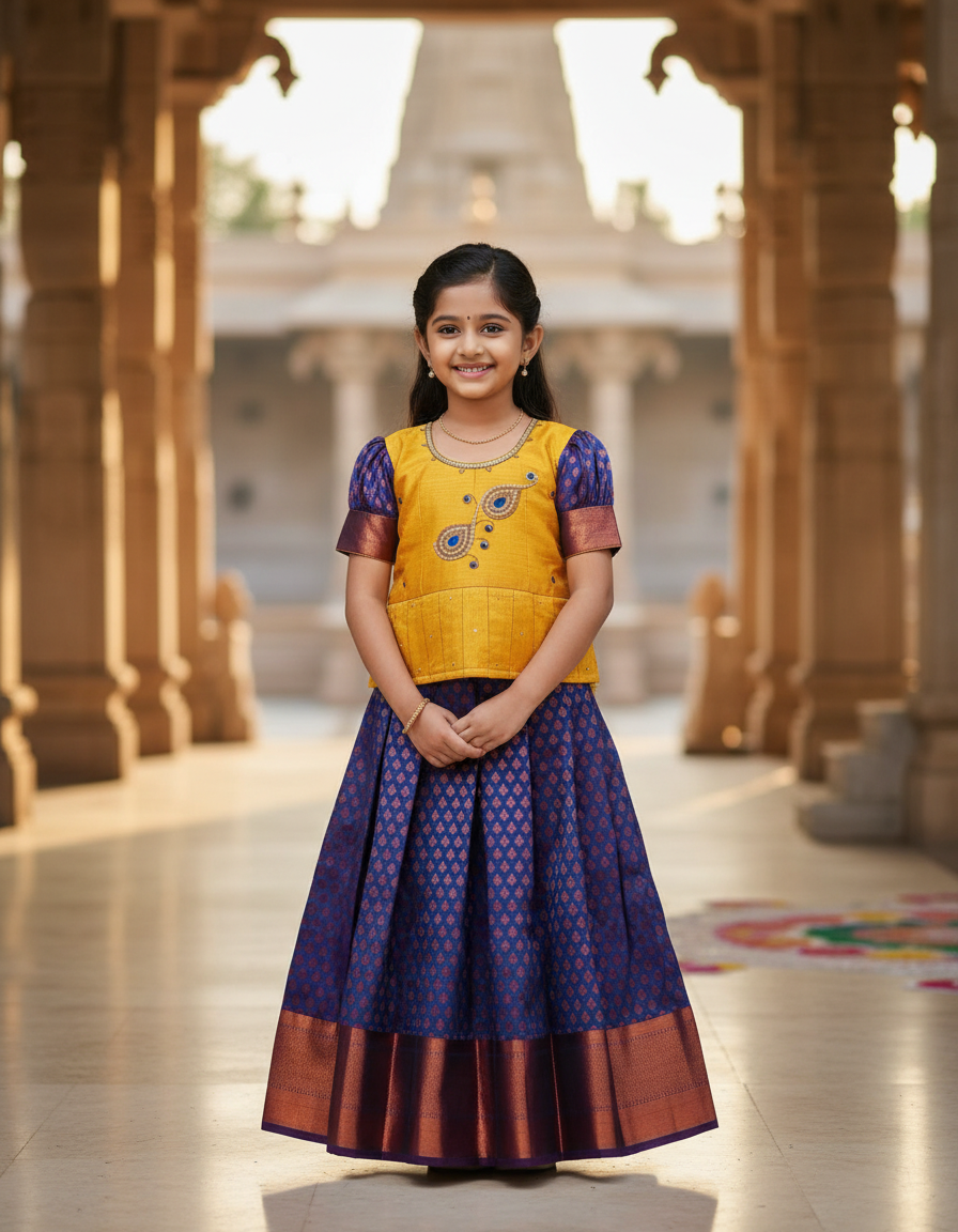 Mustard yellow and navy blue bridal silk pattu pavadai for kids with puff sleeves and peacock embroidery – Sri Thulir Tex South Indian traditional wear for girls