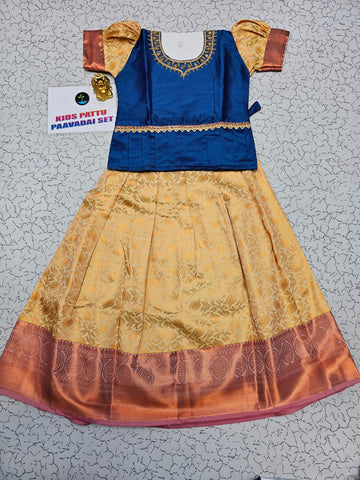 Navy blue and cream kids pattu pavadai set with puff sleeves and bridal silk skirt by Sri Thulir Tex