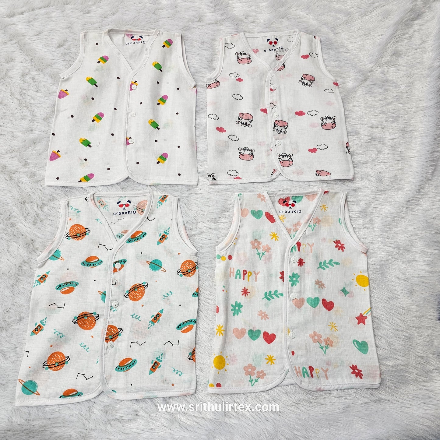 New born baby button jabla set in soft white cotton with multi printed designs – pack of 4 by Sri Thulir Tex
