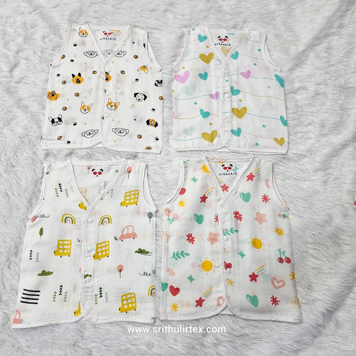 New born baby button jabla set in soft white cotton with multi printed designs – pack of 4 by Sri Thulir Tex