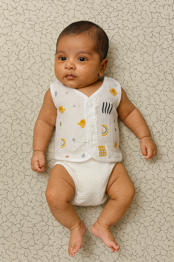 New born baby button jabla set in soft white cotton with multi printed designs – pack of 4 by Sri Thulir Tex