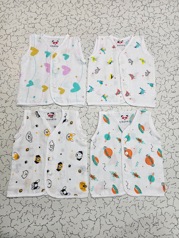 New born baby button jabla set in soft white cotton with multi printed designs – pack of 4 by Sri Thulir Tex