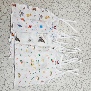 Newborn baby rope type jabla set in white muslin with multi printed designs – pack of 4 by Sri Thulir Tex