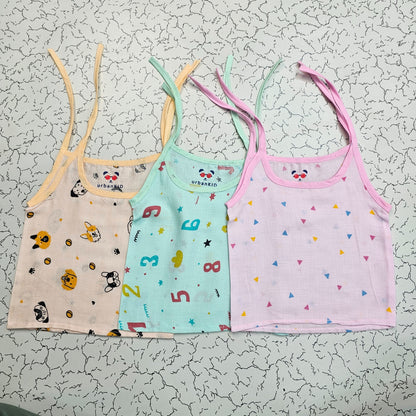 Pack of 3 newborn muslin rope type jabla tops in yellow, peach, and blue with multi printed designs.