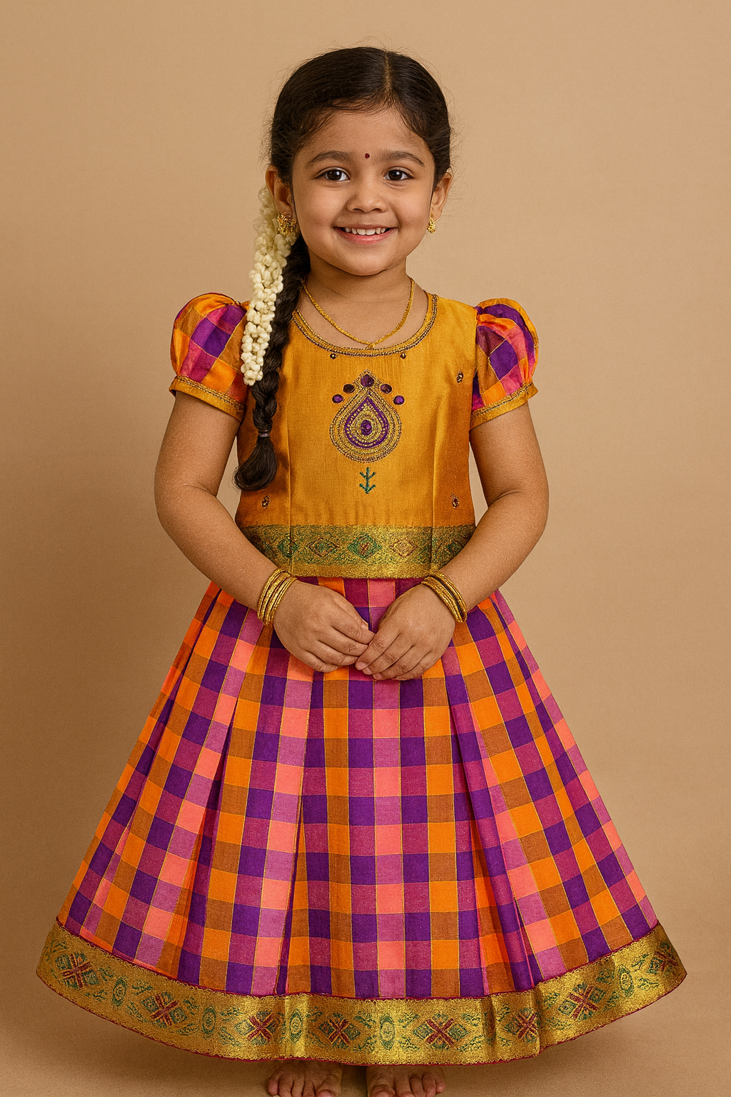 Little South Indian girl wearing an orange and purple checked silk pattu pavadai with puff sleeves and embroidered blouse – Sri Thulir Tex kids traditional wear
