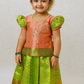 Peach and green silk pattu pavadai for girls with stone embroidery blouse and zari bridal silk skirt – Sri Thulir Tex