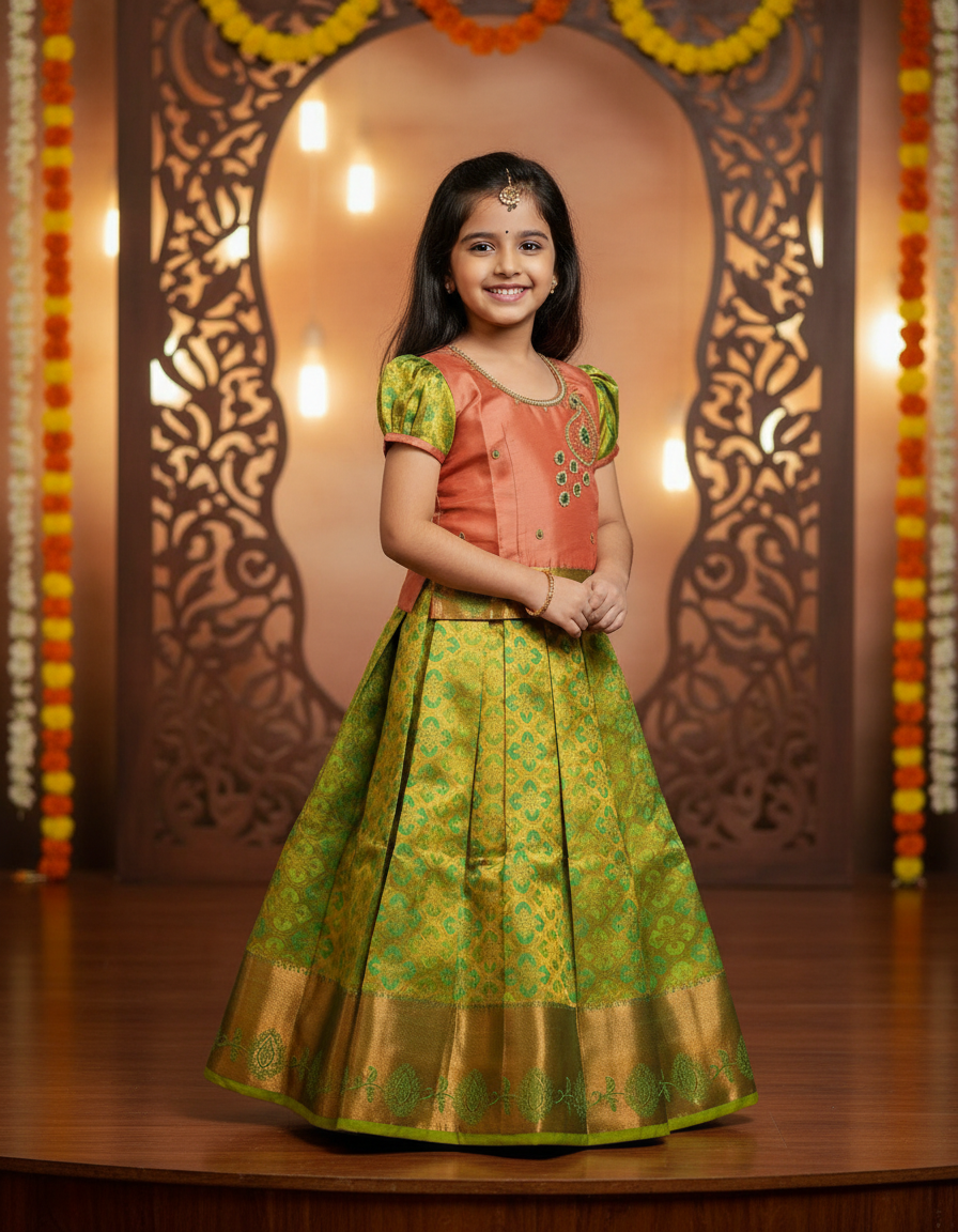Peach and green silk pattu pavadai for girls with stone embroidery blouse and zari bridal silk skirt – Sri Thulir Tex