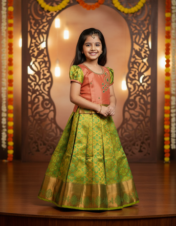 Peach and green silk pattu pavadai for girls with stone embroidery blouse and zari bridal silk skirt – Sri Thulir Tex