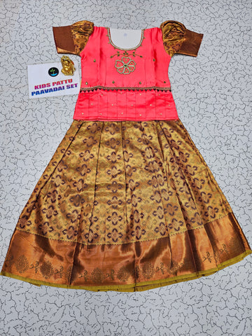 Peach pink and golden bridal silk pattu pavadai for kids with puff sleeves and stone embroidery – Sri Thulir Tex traditional South Indian festive dress