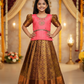 Peach pink and golden bridal silk pattu pavadai for kids with puff sleeves and stone embroidery – Sri Thulir Tex traditional South Indian festive dress
