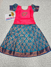 Pink and blue bridal silk pattu pavadai for kids with puff sleeves and leaf embroidery – Sri Thulir Tex South Indian traditional festive wear for girls