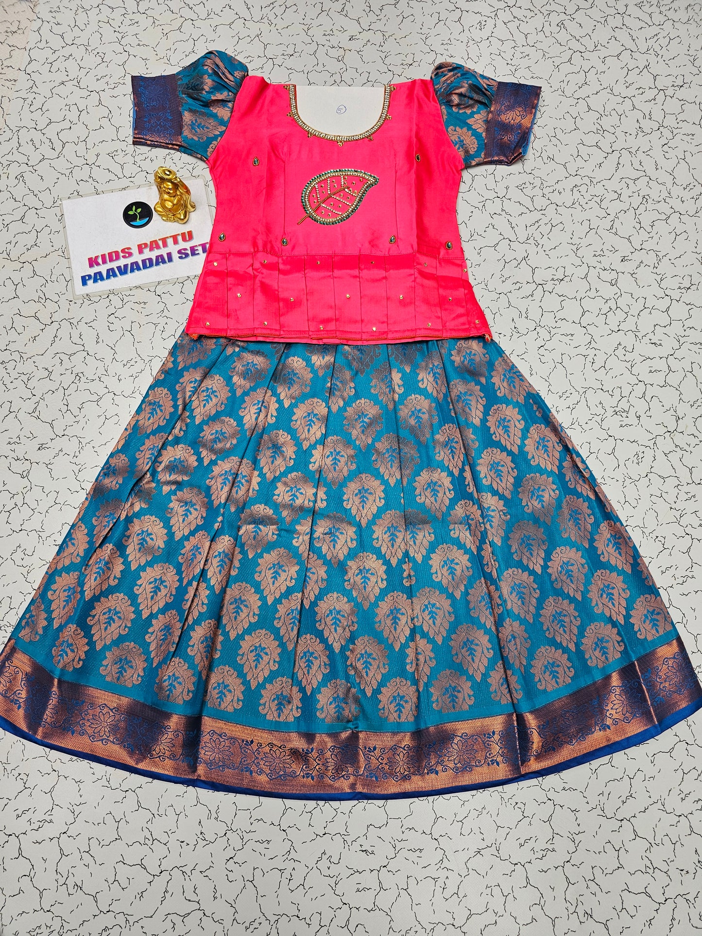 Pink and blue bridal silk pattu pavadai for kids with puff sleeves and leaf embroidery – Sri Thulir Tex South Indian traditional festive wear for girls