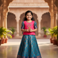 Pink and blue bridal silk pattu pavadai for kids with puff sleeves and leaf embroidery – Sri Thulir Tex South Indian traditional festive wear for girls