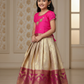 Pink and cream Banarasi semi silk pattu pavadai for girls with puff sleeve and golden zari border – Sri Thulir Tex