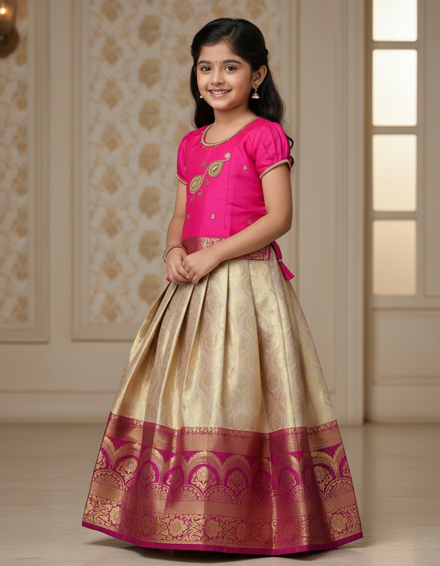Pink and cream Banarasi semi silk pattu pavadai for girls with puff sleeve and golden zari border – Sri Thulir Tex