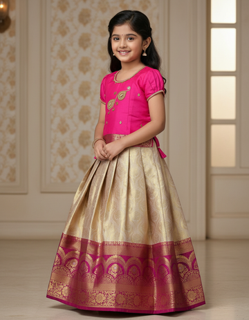 Pink and cream Banarasi semi silk pattu pavadai for girls with puff sleeve and golden zari border – Sri Thulir Tex