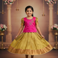 Pink and gold bridal silk pattu pavadai for kids with puff sleeves and green stone embroidery – Sri Thulir Tex South Indian traditional kids wear