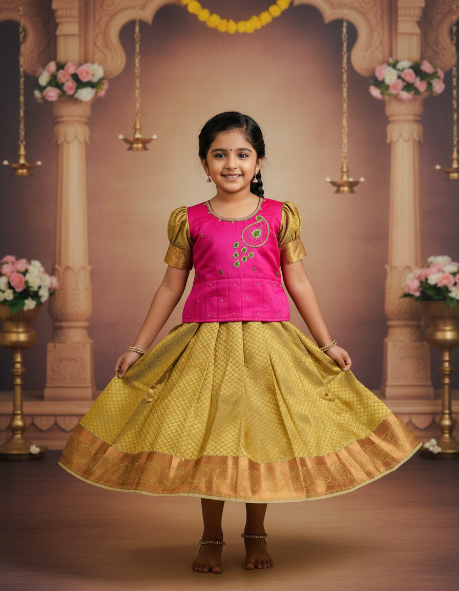 Pink and gold bridal silk pattu pavadai for kids with puff sleeves and green stone embroidery – Sri Thulir Tex South Indian traditional kids wear
