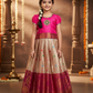 Pink and golden Banarasi semi silk pattu pavadai for girls with puff sleeves and elegant zari border – Sri Thulir Tex