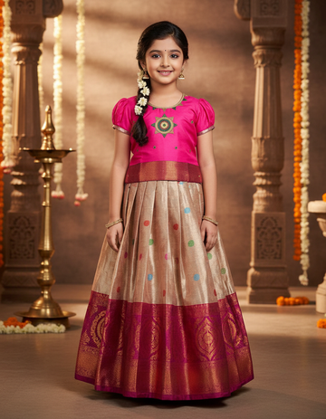 Pink and golden Banarasi semi silk pattu pavadai for girls with puff sleeves and elegant zari border – Sri Thulir Tex