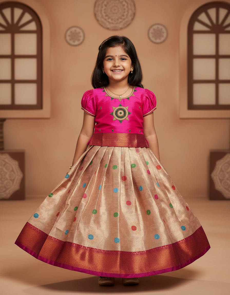 Pink and golden Banarasi semi silk pattu pavadai for girls with puff sleeve and zari border – Sri Thulir Tex