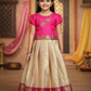 Pink and golden Banarasi semi silk pattu pavadai for girls with puff sleeve and zari border – Sri Thulir Tex