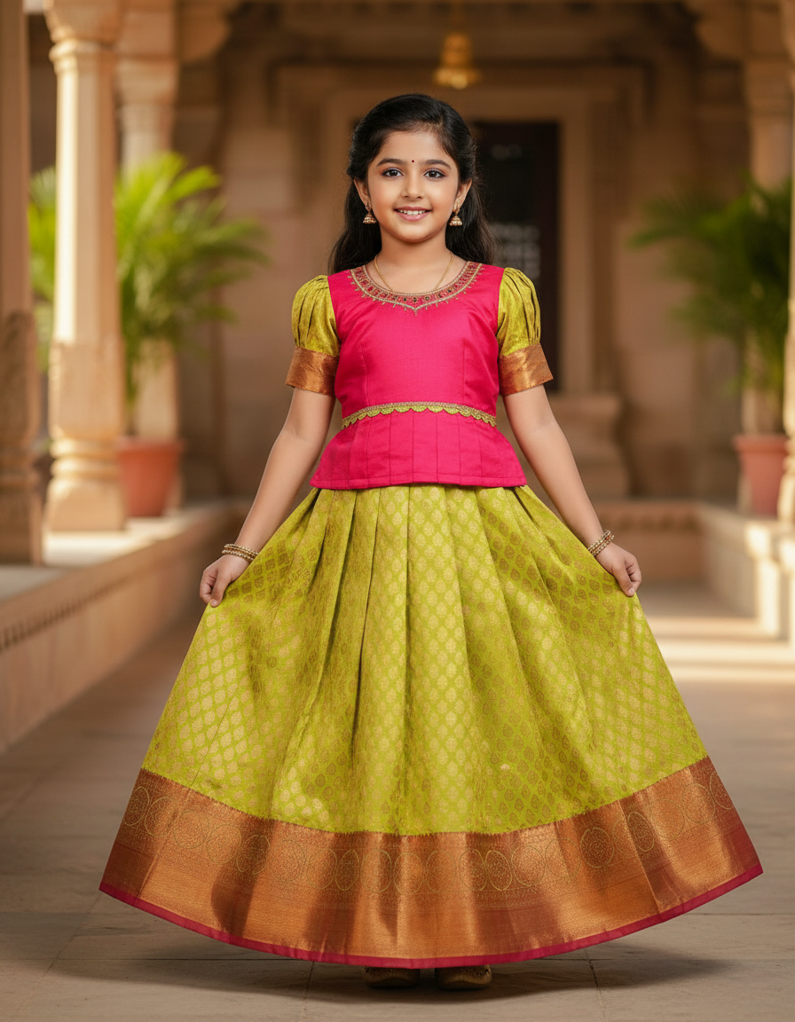 Pink and green kids pattu pavadai set with puff sleeves and bridal silk skirt by Sri Thulir Tex
