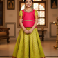 Pink and green kids pattu pavadai set with puff sleeves and bridal silk skirt by Sri Thulir Tex
