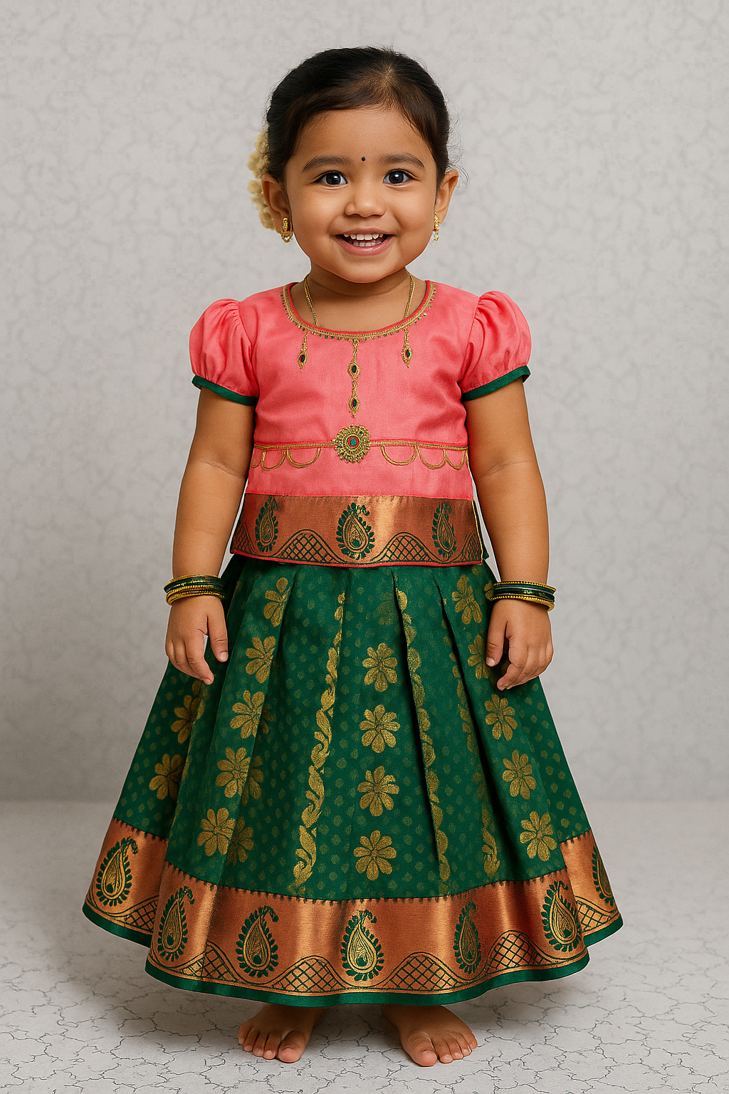 Little South Indian girl wearing a pink and green silk pattu pavadai with puff sleeves and gold zari floral skirt – Sri Thulir Tex kids traditional wear