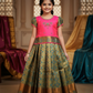 Pink and green silk pattu pavadai for girls with bow embroidery blouse and zari border skirt – Sri Thulir Tex