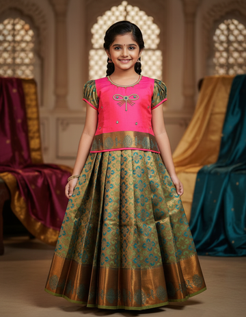 Pink and green silk pattu pavadai for girls with bow embroidery blouse and zari border skirt – Sri Thulir Tex